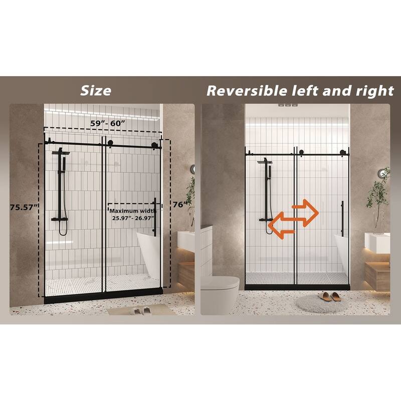 60x76 in. Sliding Shower Door, Frameless Tempered Glass with Stainless Handle, Quiet Wheels, Leakproof
