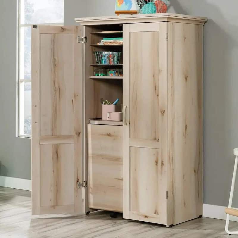 Space-Saving Craft Armoire with Drop Leaf Desk and Adjustable Storage Shelves Power Strip