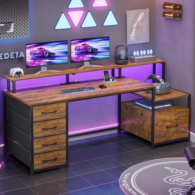 Home Computer Desk File Drawer & Power Outlet 5 Drawer Monitor Shelf