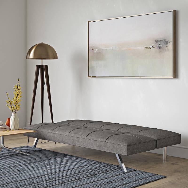 Grey Fabric Futon Sofa Bed with Stainless Leg and Metal Frame