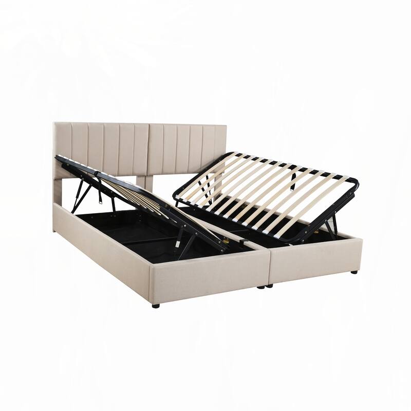 King Size Upholstered Platform Bed with a Hydraulic Storage System, Beige
