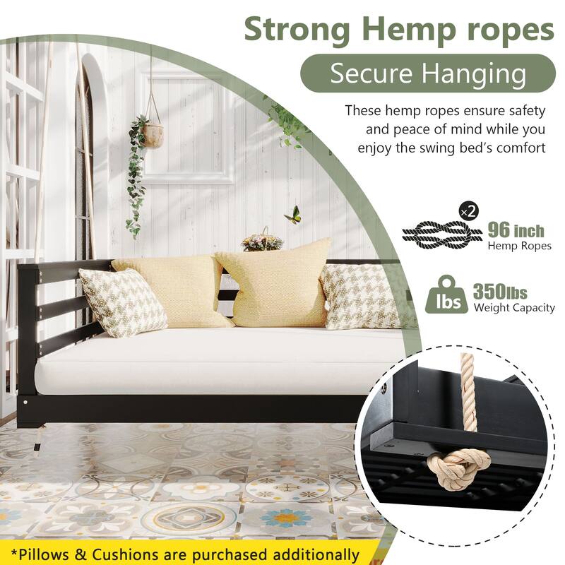 Patio Wooden Twin Size Swing Daybed Porch Swing Frame With Hemp Ropes (Excluding the table) - Black