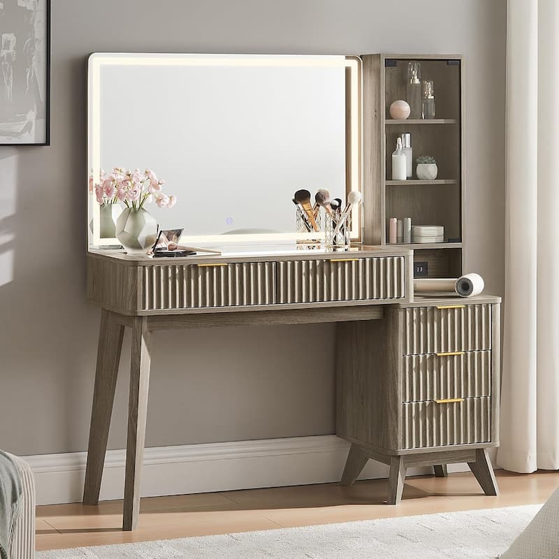 Modern Makeup Vanity Desk with HD Lighted Mirror, Dressing Table - Grey Alder