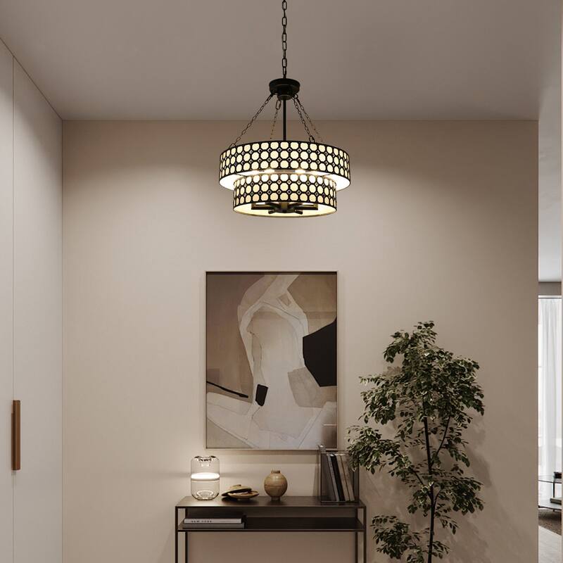 20" Modern Matte Black Two-Tier Drum-Shaped Light Fixture, 6 Lights with Adjustable Hanging Chain for Dining Room and Bed Room