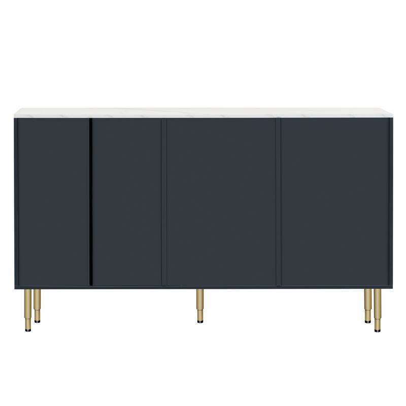 Anmytek Navy Blue Modern Sideboard Buffet Cabinet with Marble Tabletop, Amber Glass Doors and Gold Legs for Living Room