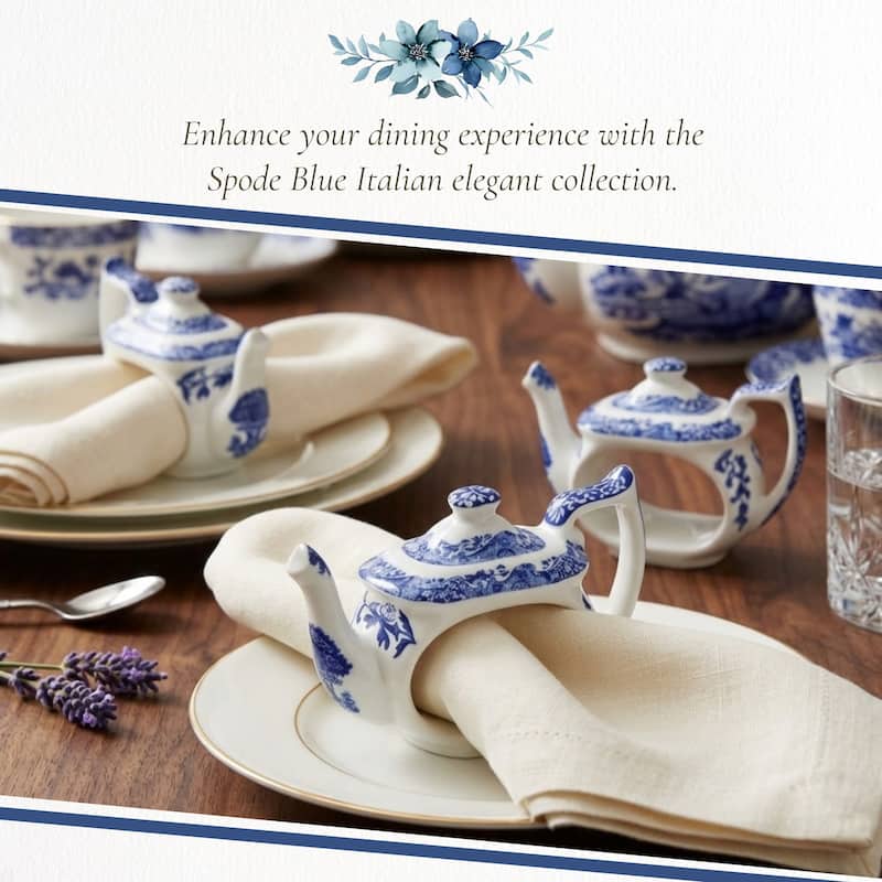 Spode Set of 4 Blue Italian Teapot Napkin Rings - 2.5"