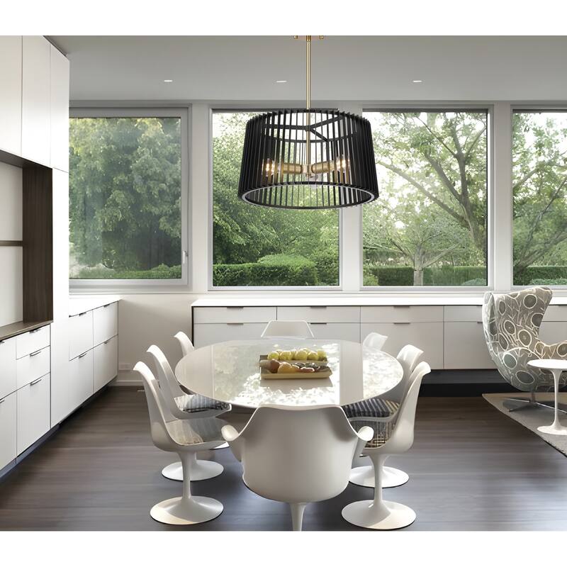 3-Light Black and Brass Drum Chandelier with Louvered Metal Shade - Black&Brass