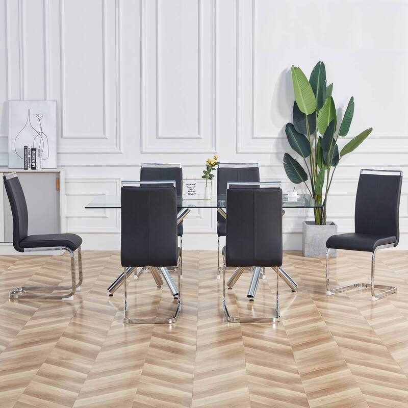 Modern Dining Chairs,PU Faux Leather High Back Upholstered Side Chair with C-shaped Tube Chrome Metal Legs