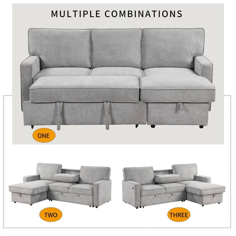 Upholstery Sleeper Sectional Sofa with Storage and 2 Cup Holder, Modern Corner Sectional with Pull-Out Sleeper and USB port