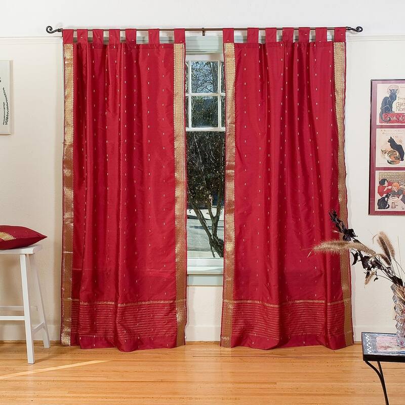 Maroon Tab Top Sheer Sari Curtain / Drape / Panel - Pair - 43" W X 96" L (Lined) - 96 Inches