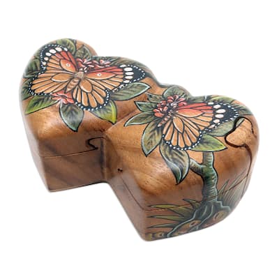 Novica Handmade Twin Butterfly Hearts Wood Puzzle Box