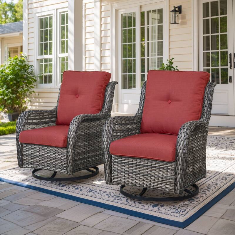 Gymojoy Wicker Swivel Glider Chair with Water-Resistant Olefin Cushions - 2-Piece - Grey Wicker / Red Cusion