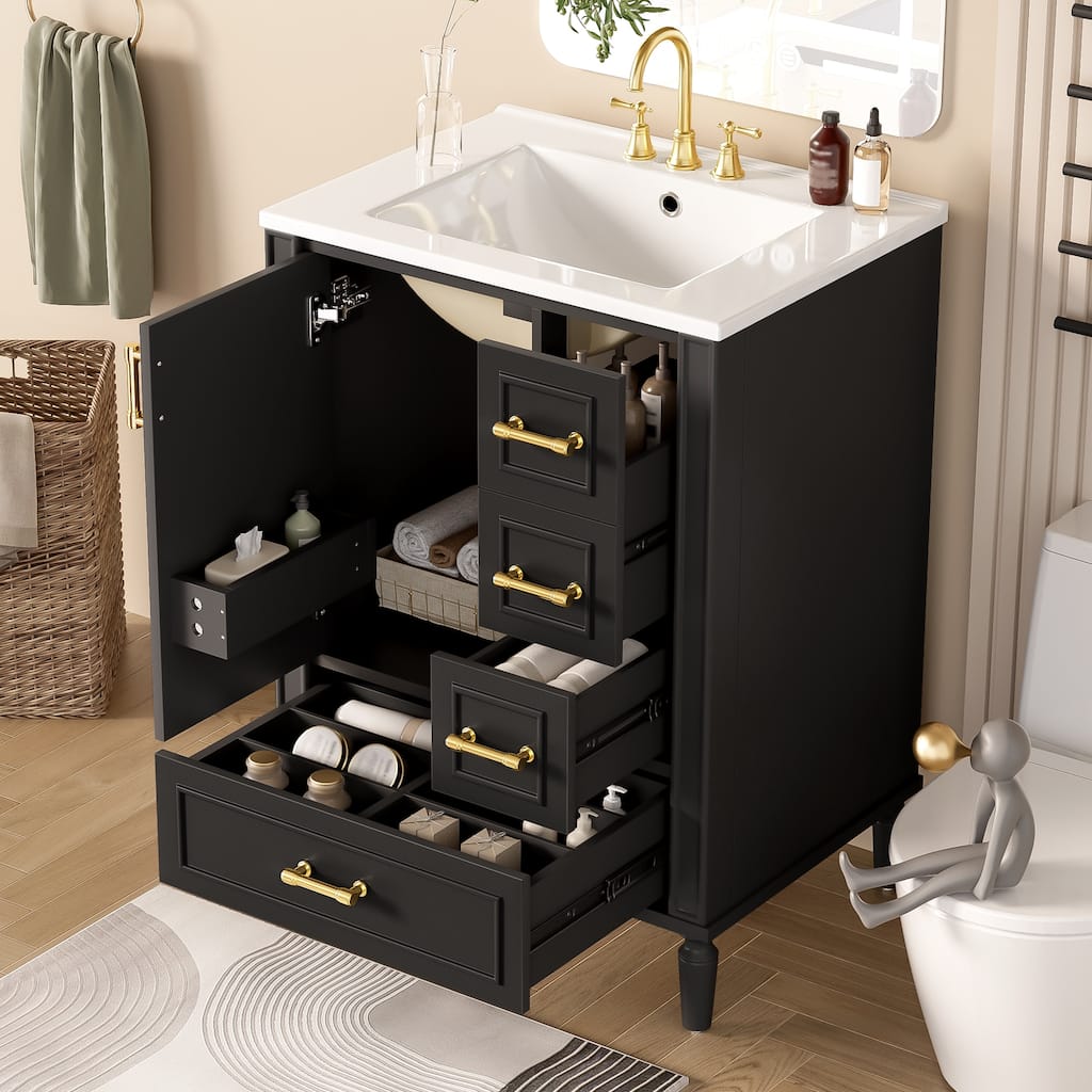 24" Modern Bathroom Vanity with Ceramic Sink - Soft-Close Door, 3 Drawers & Gold Handles