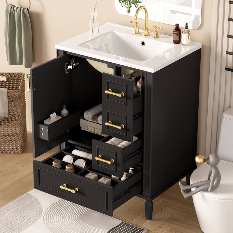 GDFStudio - Fernwell Transitional Freestanding Bathroom Vanity Cabinet with Ceramic Sink, Soft Close Drawers & Door Storage