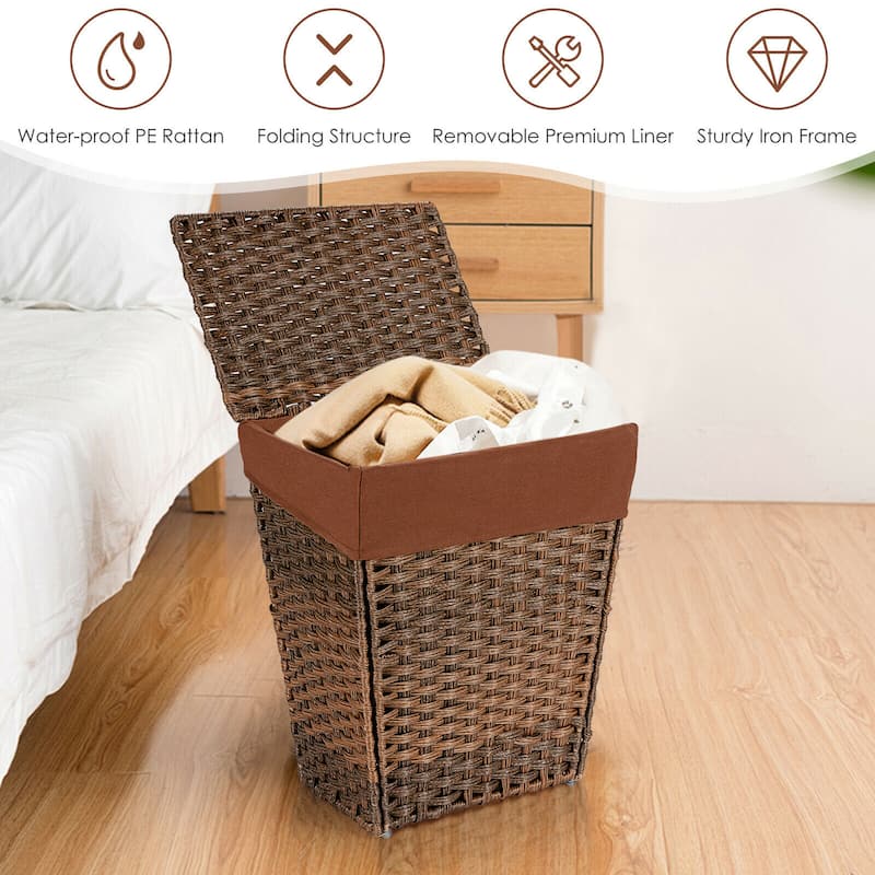 Gymax Handwoven Laundry Hamper Foldable w/Removable Liner, Lid & - 17.5'' X 12'' X 21''
