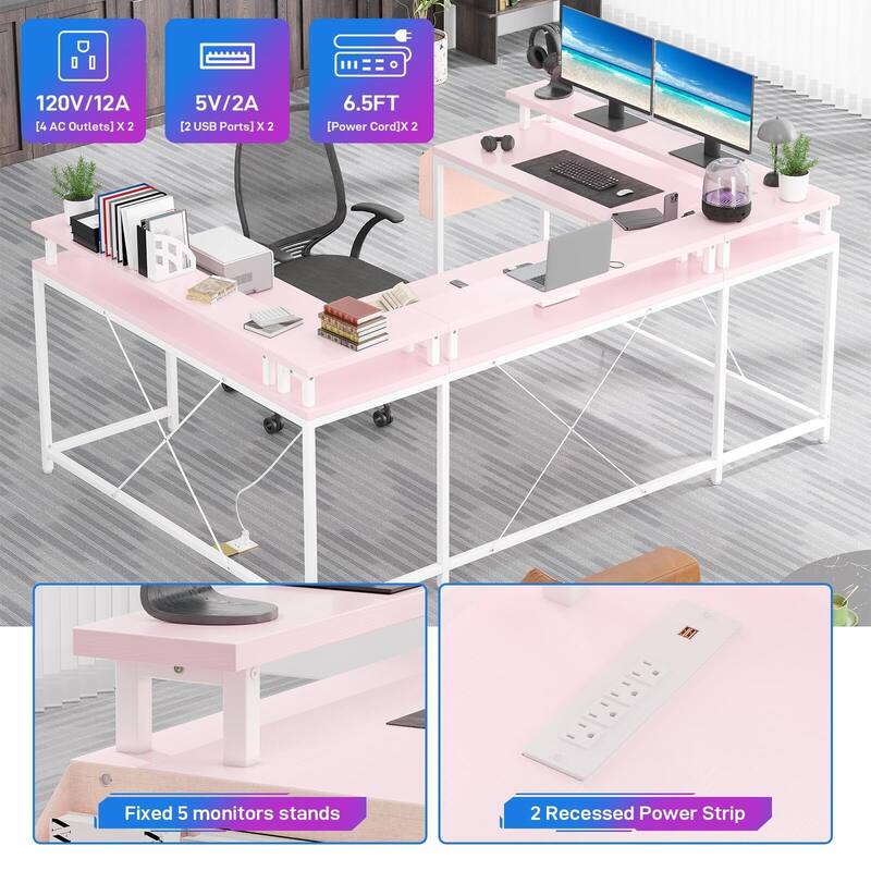 U Shaped Desk, 126 Inch Gaming Desk with Monitor Stand and LED Lights