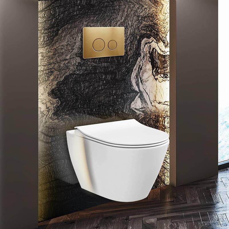 Supreme In-Wall toilet Combo Set - 20" Toilet Bowl With Soft-Close Seat, 2"x 4" Tank And Carrier System, Push Buttons Included. - Satin Brass Round - Push Plates (Metal)