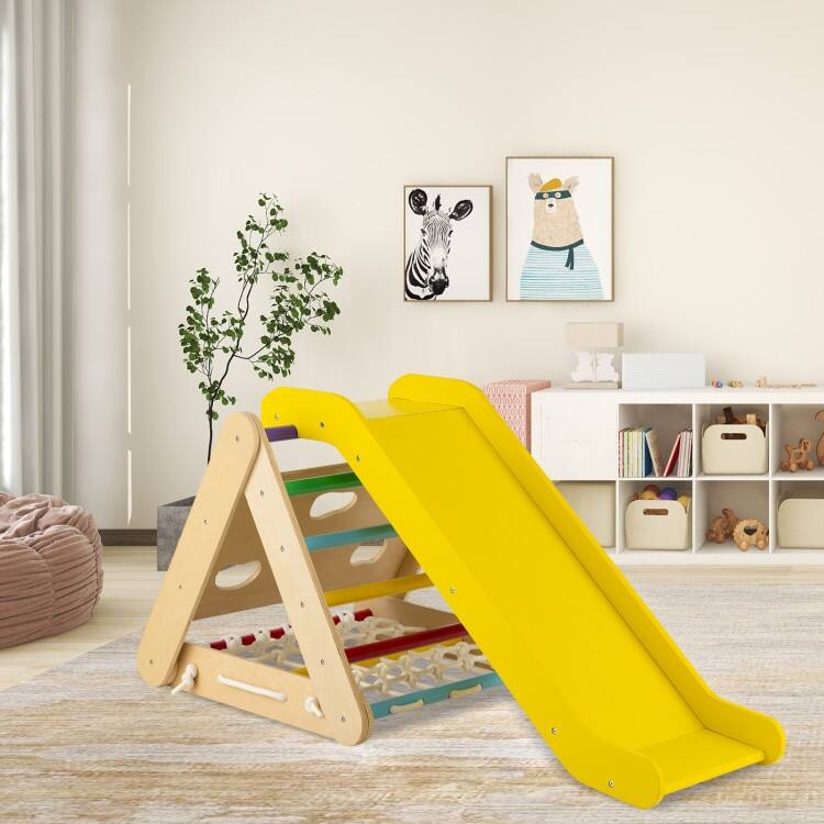 4 in 1 Triangle Climber Toy with Sliding Board and Climbing Net - 24.6" x 25.3" x 22.6" (L x W x H) - Yellow