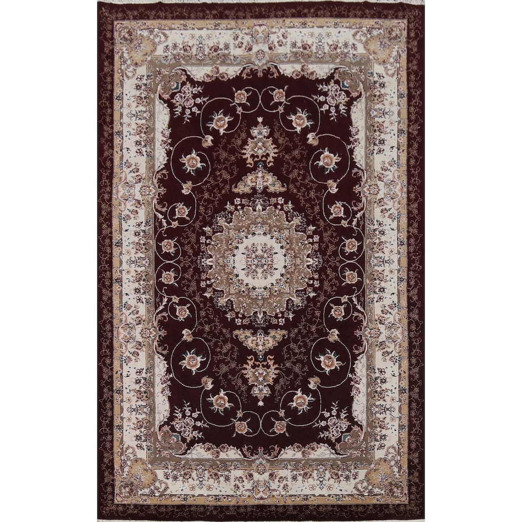 Burgundy Red Floral Aubusson Area Rug Machine Made Carpet - 6'6" x 9'10"