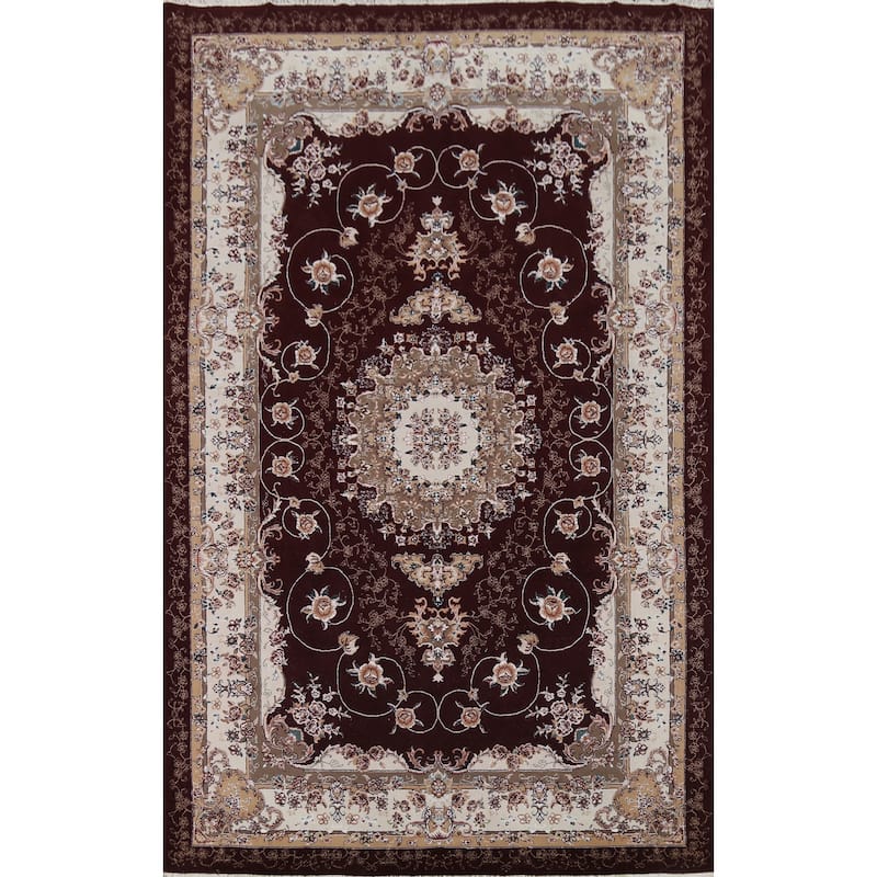 Burgundy Red Floral Aubusson Area Rug Machine Made Carpet - 6'6" x 9'10"