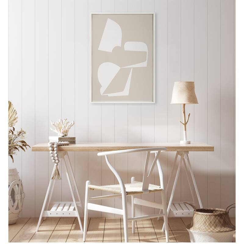 Kate and Laurel Sylvie Eye Catching Sleek Abstract 3 White and Beige 23x33 Framed Canvas by The Creative Bunch Studio