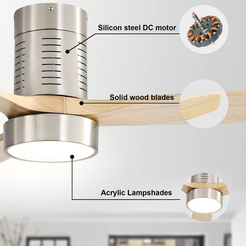 52" Flush Mount Wood Ceiling Fan with Dimmable LED Light and Remote Control