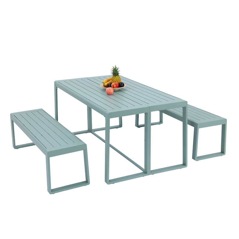 Aoodor 3-Piece Outdoor Patio Dining Set, Aluminum Furniture Set with 1 Rectangular Picnic Table and 2 Benches - N/A - Green