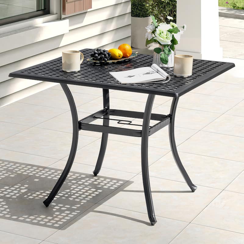Square Cast Aluminum Outdoor Dining Table with Umbrella Hole and Mesh Tabletop, Black with Gold Speckles