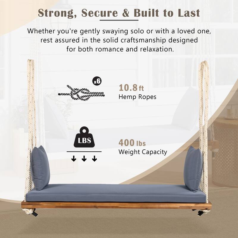 Premium Wooden Porch Swing Chair with Cushion Set - 10.8FT Weather-Resistant Hemp Rope Hanging Bench for Outdoor, Lawn, Deck
