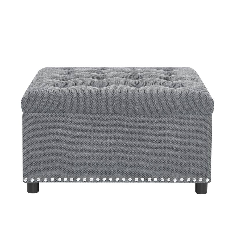 Storage Ottoman,Tufted Footstool, Nailhead Trim Ottoman, Square Storage Ottoman, Upholstered Coffee Table, Bedroom Storage