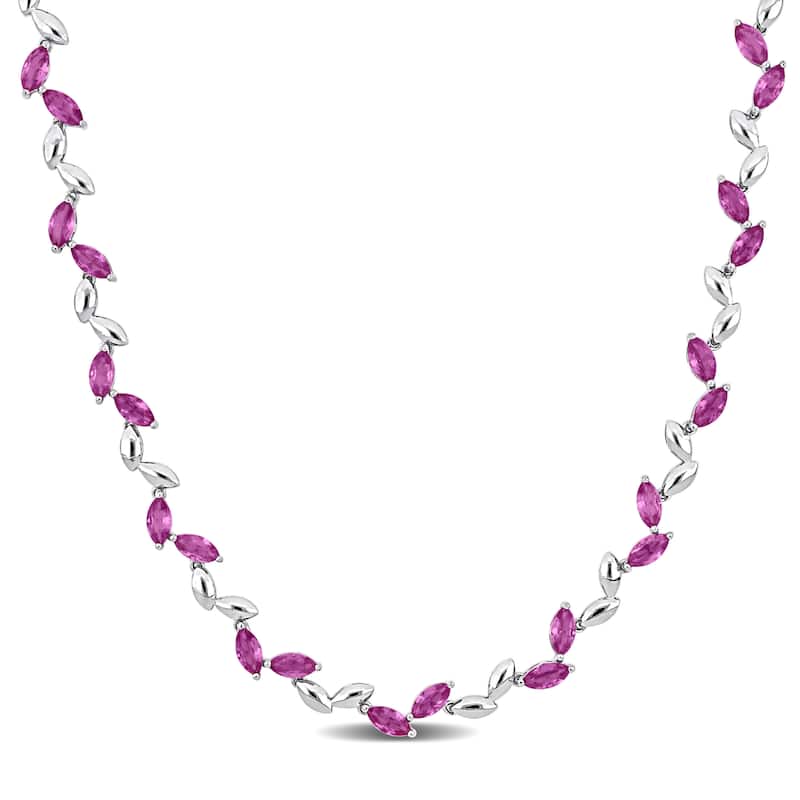 Miadora 20 3/8ct TGW Created Pink Sapphire in Sterling Silver Alternate Leaf Necklace-17 in