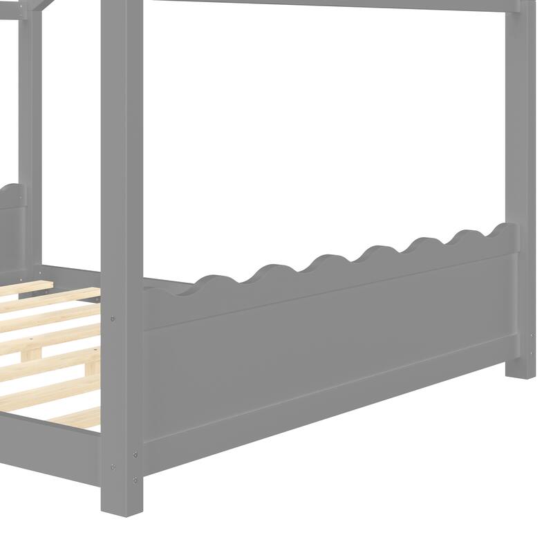 Queen House Floor Bed with Support Slats, Solid Wood House Bed Frame for Kids, No Box Spring Needed