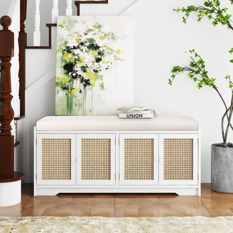 Upholstered Storage Bench with Cabinet Rattan Style Wood Cabinet - White