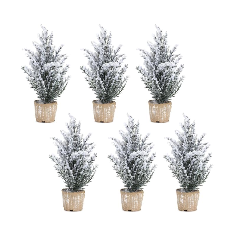Set of 6 Potted Snowy Pine Artificial Christmas Trees, Unlit - 1 Foot