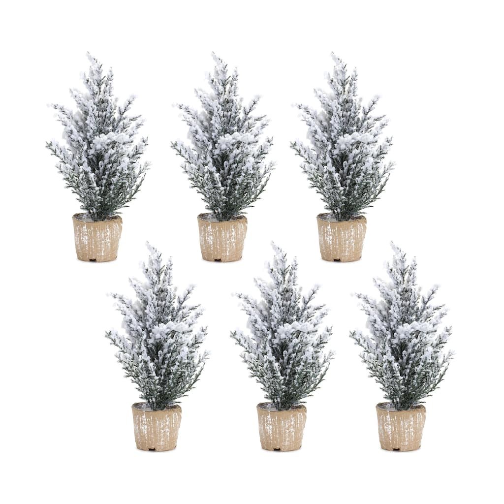 Set of 6 Potted Snowy Pine Artificial Christmas Trees, Unlit - 1 Foot