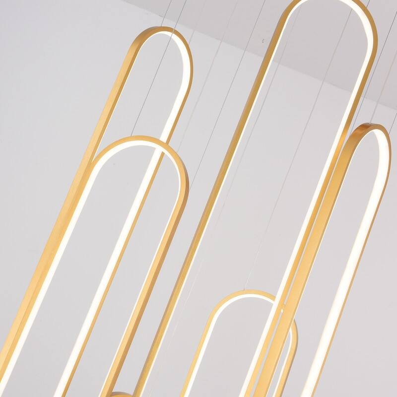 Modern Chandelier 6 Ring Adjustable Height Long Staircase LED Chandeliers Foyer Ceiling Light