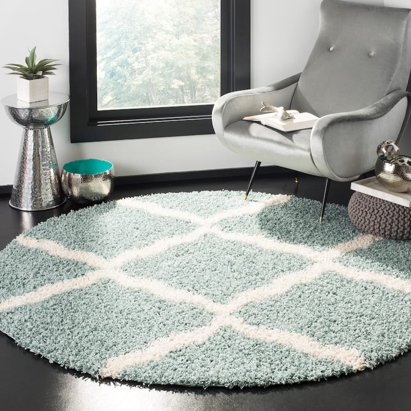 SAFAVIEH Dallas Shag Hacer Trellis 1.5-inch Thick Rug - 6'  x  6' - Seafoam/Ivory - Runner/Round