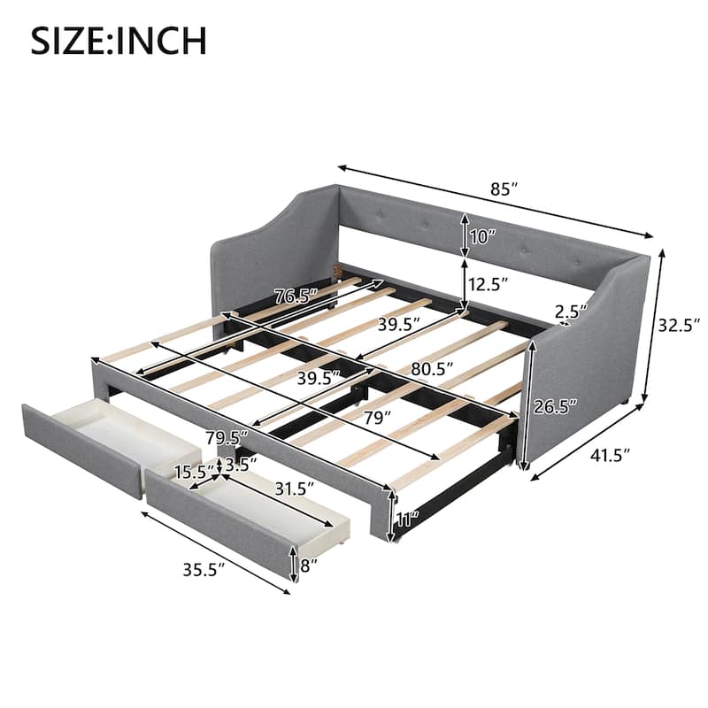 Twin XL to King Upholstered Daybed with 2 Storage Drawers - 250LB Capacity