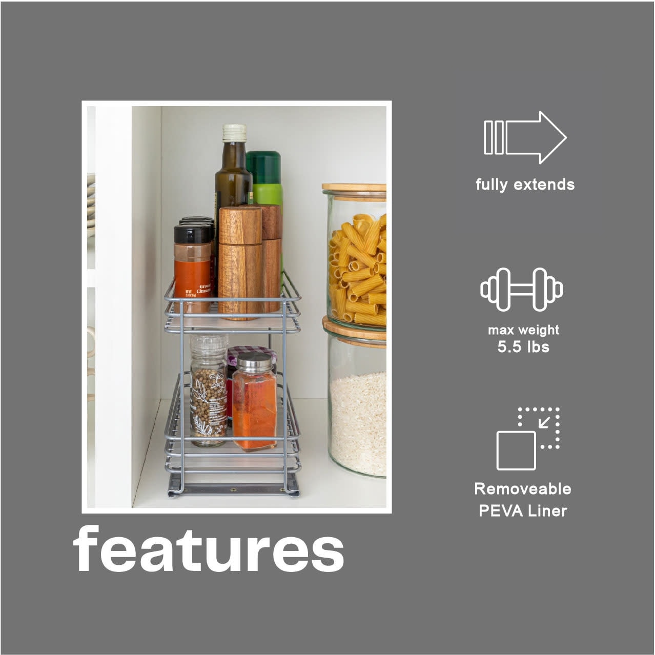 Household Essentials 2 Tier Brushed Nickel Spice Rack Organizer Sliding Pantry Organizer