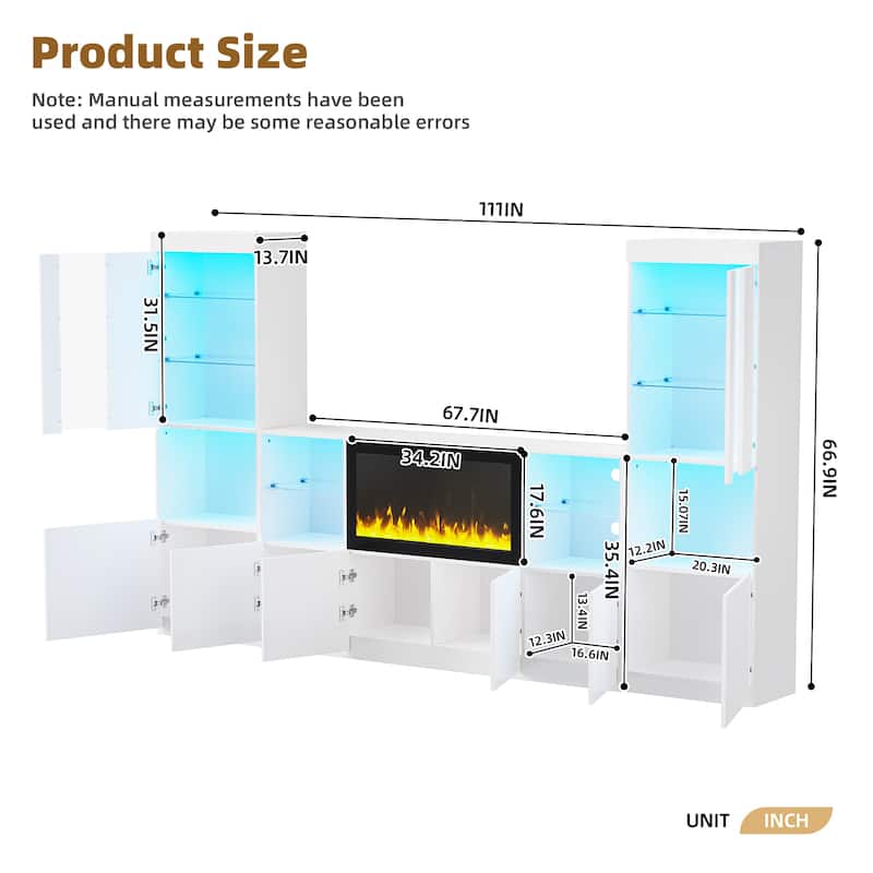 TV Stand with 34.2" Non-heating Electric Fireplace,Entertainment Center with LED Light,Tempered Glass Shelves for TVs up to 75"