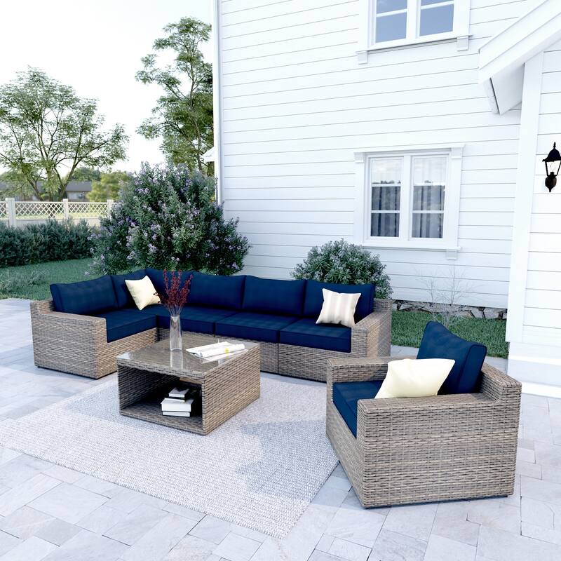 Ventura 7-Piece Rattan Multi-Chair Seating Group - Navy Blue