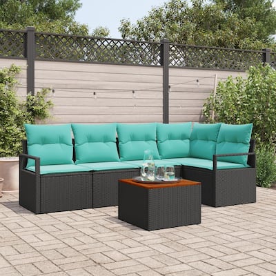 vidaXL 6 Piece Garden Sofa Set with Cushions Black Poly Rattan Acacia - 91.3×48×27.2