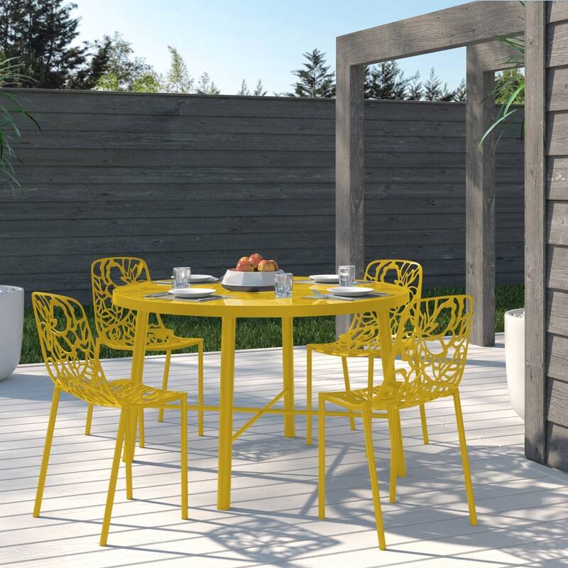 Devon Stackable Outdoor Aluminum Dining Chair with Floral Cutout, UV-Protected, Weather-Resistant Patio Seating - Yellow