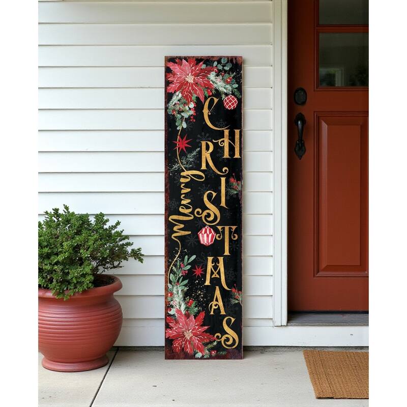 HomeRoots 36" Black Gold Green And Red Solid Wood Poinsettia Merry Christmas Porch Sign - Green/Gold/Black - Wood