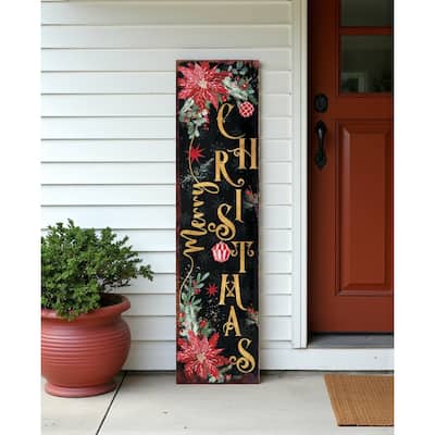 HomeRoots 36" Black Gold Green And Red Solid Wood Poinsettia Merry Christmas Porch Sign