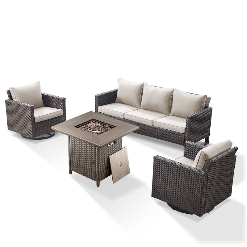 4 Pieces Fire Pit Table with Sofa Swivel Chair Set