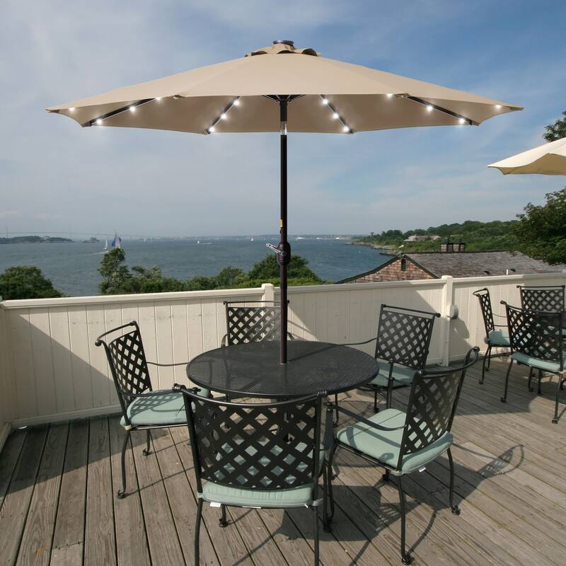BONOSUKI 9ft Patio Solar Umbrella LED Patio Market Steel Tilt w/Crank - Tan