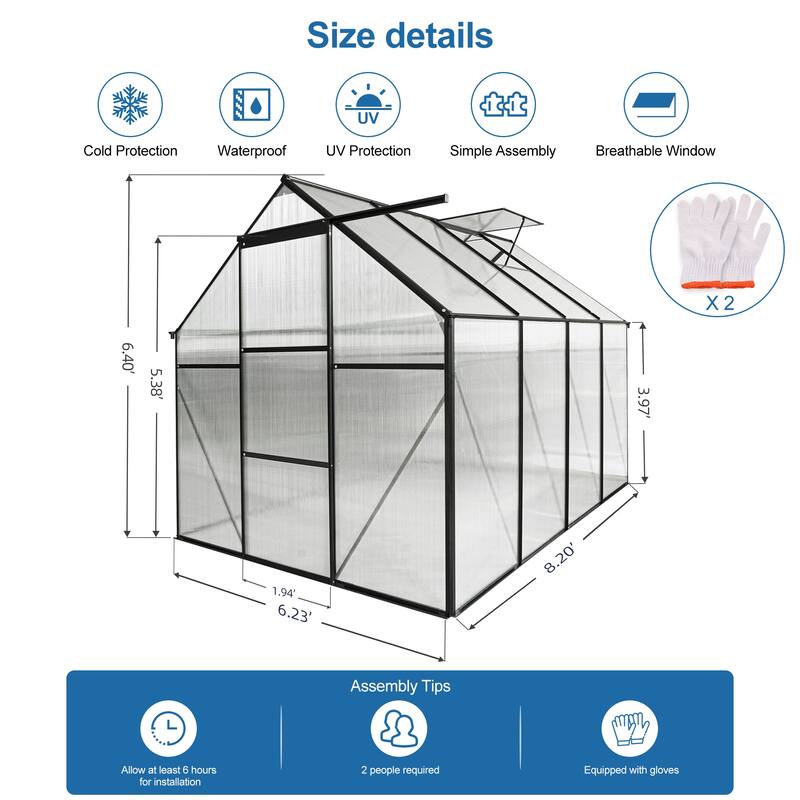 6x8 FT Polycarbonate Greenhouse Raised Base and Anchor Aluminum Duty Walk-in Greenhouses for Outdoor Backyard in All Season