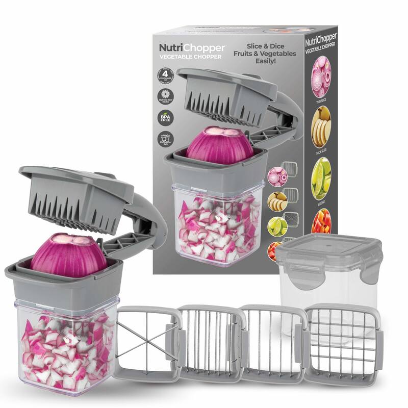 NutriChopper 7-Piece Handheld Vegetable and Fruit Chopper with 4 Blades and Container - Grey