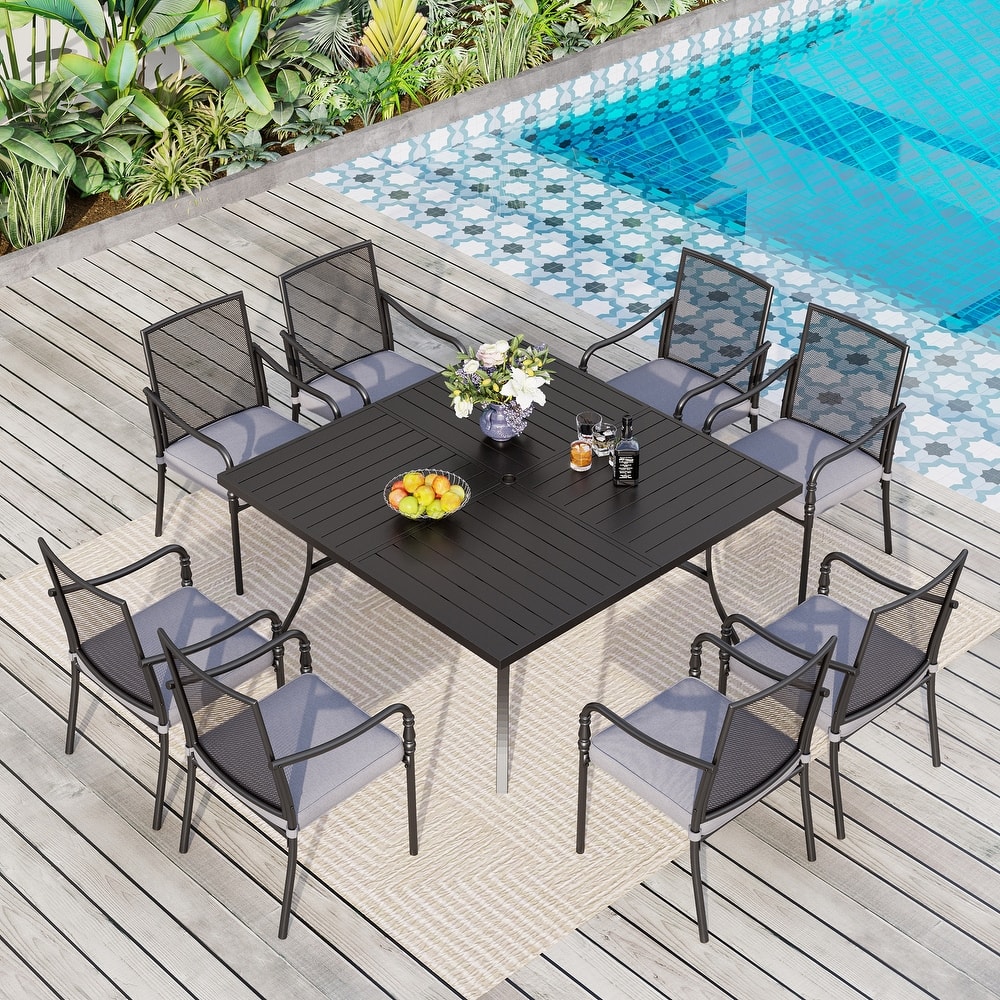 MAISON ARTS 9-Piece Patio Dining Set with Square/Rectangular Metal Table and 8 Gourd Head Shape Armrest Dining Chairs